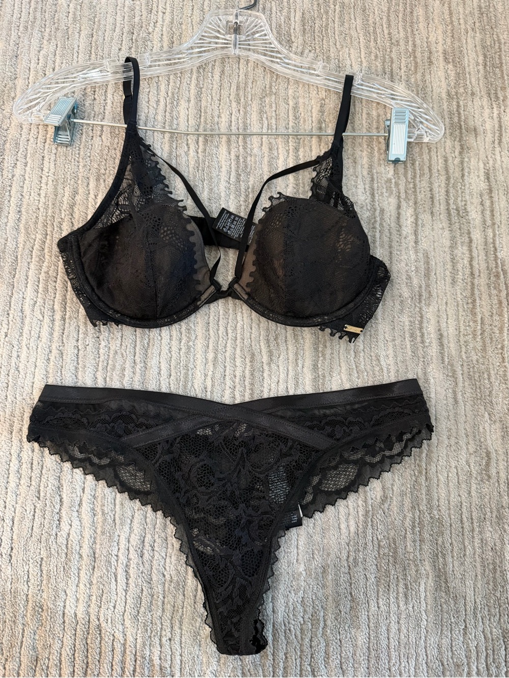 Calvin Klein Black Lace Strappy UW Bra & Lace Thong 34C/ Med New without tags